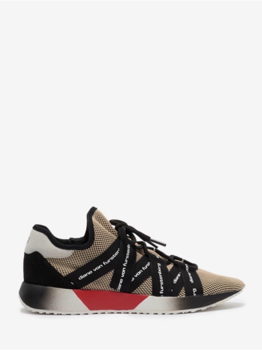 Diane Von Furstenberg Beige and Black Mesh Athletic Sneaker with Red Accent - Picture 2 of 9